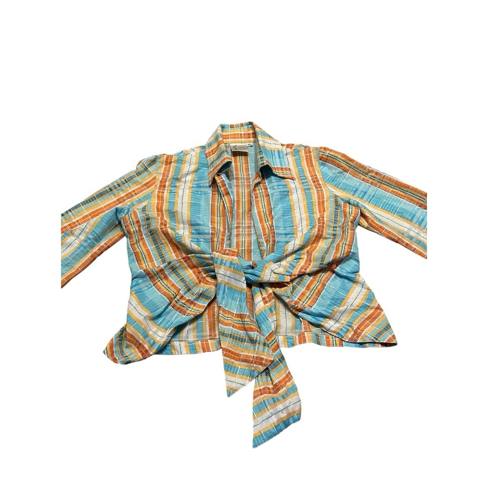Finley Xl Tie‎ Waist Top Multicolored Blue Orange White Metallic  3/4 Sleeve